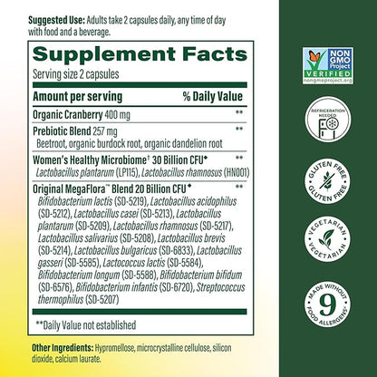 MegaFood MegaFlora Probiotics and Prebiotics for Women with 14 Strains & 50 Billion CFUs, Cranberry, Digestive Health, Vegetarian, Prebiotics and Probiotics for Women - 90 Capsules (45 Servings)