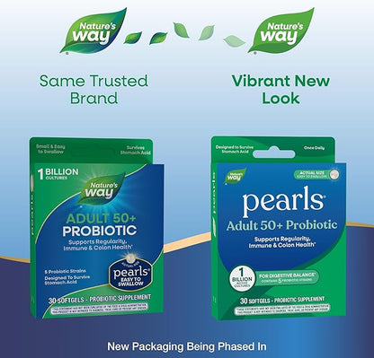 Nature's Way Pearls Adult 50+ Probiotic, Probiotics for Digestive Health* Supports Regularity, Immune & Colon Health*, 1 Billion Cultures, No Refrigeration Needed, 30 Softgels
