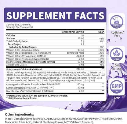 2 Pack Potassium Magnesium Gummies, Sugar-Free Potassium Gummies with Magnesium Glycinate 500mg Chewable Potassium Magnesium Supplements with Calcium, Zinc & Vitamins to Support Leg Muscle Relaxation