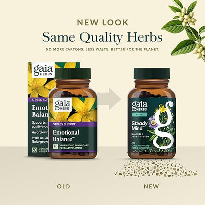 Gaia Herbs Steady Mind - Supplement Support with Herbs Traditionally Used for Stress Relief* - with St. John's Wort, Passionflower, Vervain & Oats - 60 Vegan Liquid Phyto-Capsules (60 Servings)