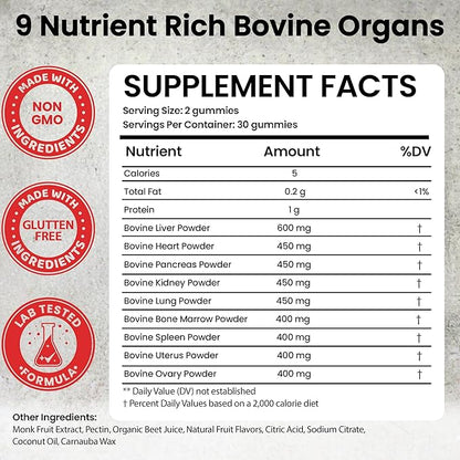 Beef Organ Supplement for Women | Grass Fed Beef Organs Liver Supplement | 9 Nutrient Rich Bovine Organs | Raised on New Zealand & Australian Pastures | No Fillers | Great Taste | 60 Gummies