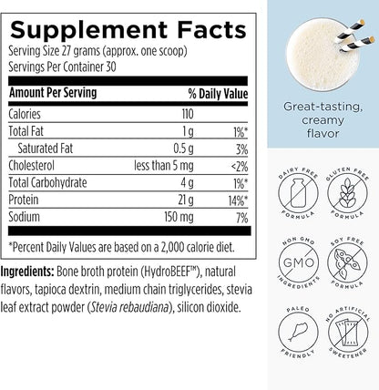 Designs for Health Bone Broth Protein Powder – 21g Grass-Fed, Collagen-Rich Beef Protein Isolate – Vanilla, Paleo, Non-GMO, Dairy-Free (30 Servings / 810g)