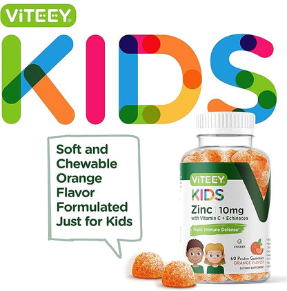 Viteey Zinc for Kids Gummies 10mg, with Vitamin C & Echinacea - Immune Support, Powerful Natural Antioxidant, Kids Zinc Vitamin Supplement - Vegan, Gelatin Free - Tasty Chewable Orange Flavor Gummy