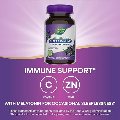 Nature’s Way Sambucus Sleep + Immune* Elderberry Gummies, Sleep Support for Adults and Immune Support*, With Melatonin, Vitamin C, L-Theanine, Zinc, 50 Gummies (Packaging May Vary)