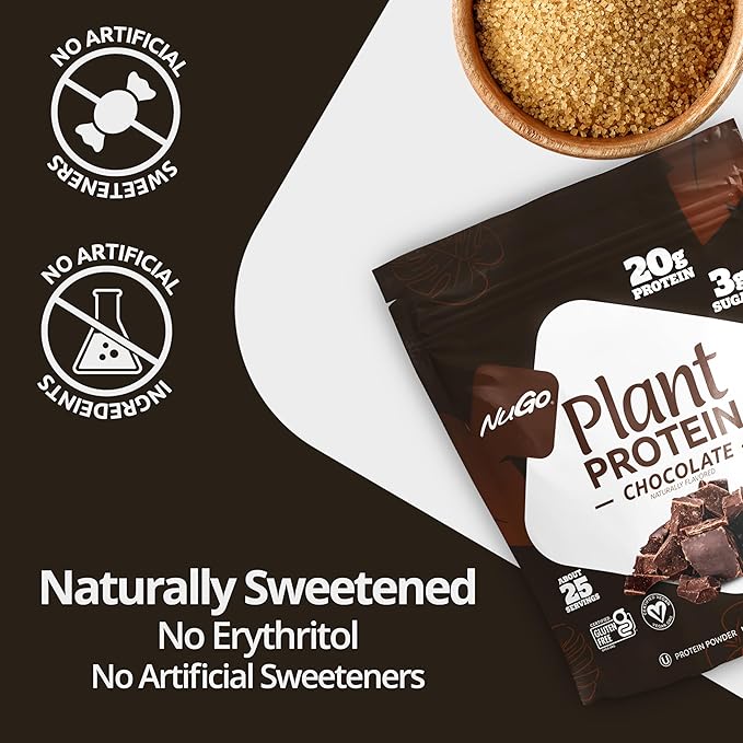 NuGo Slim Dark Chocolate Crunchy Peanut Butter, 17g Vegan Protein, 3g Sugar, 12 Count and NuGo Plant Protein Powder, 20g Protein, 3g Sugar, 25 Servings