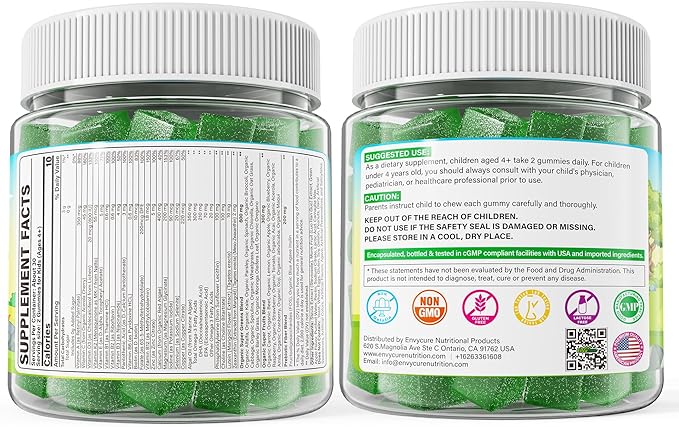 Kids Super Greens Gummies, w/Multivitamins, 20+ Veggie Fruit, Prebiotics, Calcium, Omega-3 (DHA/EPA), Kids Vitamins Greens Superfood Gummies for Picky Eaters Growth, Energy, Immune, Digestion, 1 Pack