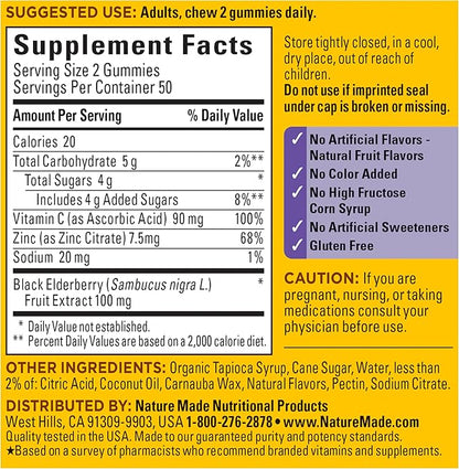 Nature Made Elderberry Gummies with Vitamin C and Zinc, Dietary Supplement for Immune Support, 100 Elderberry Gummies, 50-Day Supply