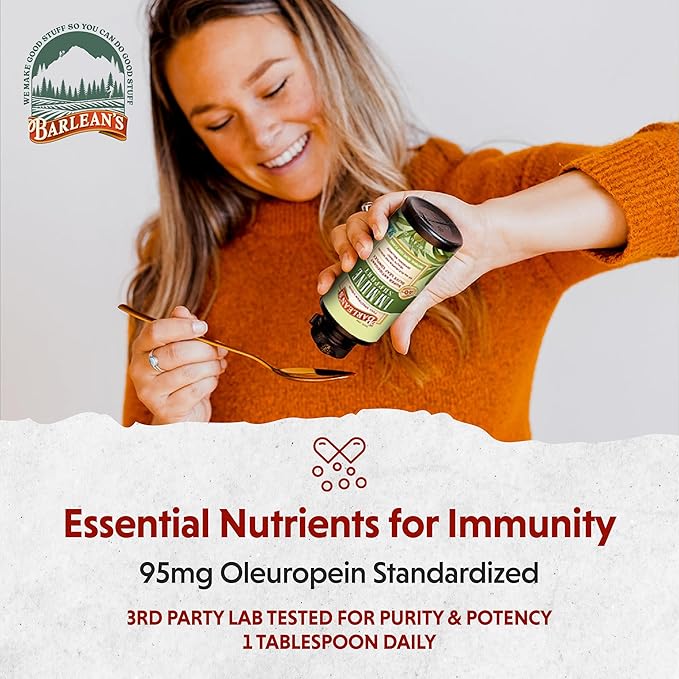 Barlean's Olive Leaf Complex Liquid Immune Support Supplement, 95mg Oleuropein Antioxidants, 8 oz