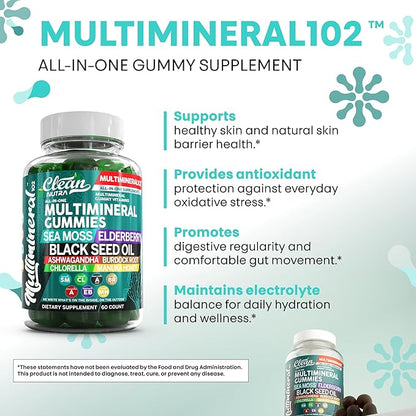 Sea Moss Gummies | Clinically Tested - Black Seed Oil Ashwagandha Elderberry Burdock Root Chlorella Manuka Honey - Vegan Irish Sea Moss Gummy Vitamins for Adults Kids Men Women - Green Apple Flavor