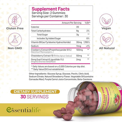 PMS Gummies - Happy Flow PMS Support Supplement for Women - Strawberry PMS Relief Supplement with Vitamin B6 for Hormone Balance, Period Support, Cramps, Hormonal Acne & Bloating Relief (60 Count)