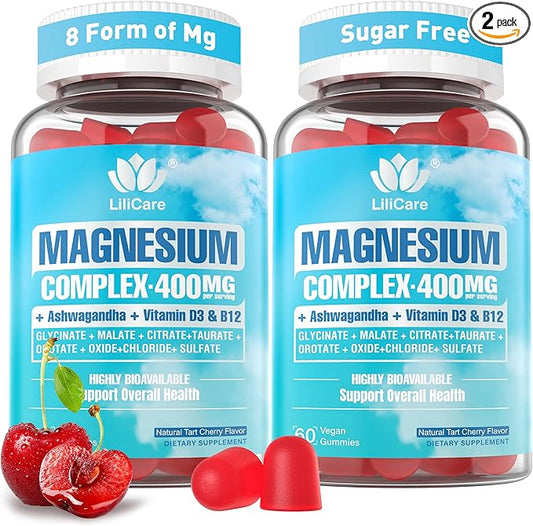 Magnesium Complex Gummies for Women Men 400mg, 8 Forms of Magnesium Glycinate, Citrate, Malate - Sugar Free Calm Magnesium Gummies Supplement with Magnesium Ashwagandha, D3, B12 for Relax,Vegan,120Cts
