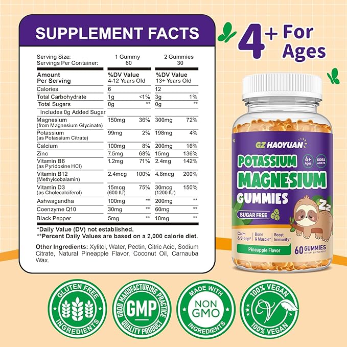 Kids Magnesium Gummies - Magnesium Glycinate Gummies with Vitamin D3, B6, Potassium & Ashwagandha for Kids & Adults Relaxation, Sleep, Brain & Bone Health -Sugar Free Pineapple Flavor 60 ct