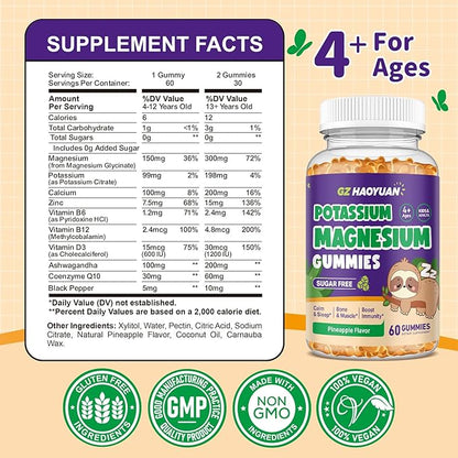 Kids Magnesium Gummies - Magnesium Glycinate Gummies with Vitamin D3, B6, Potassium & Ashwagandha for Kids & Adults Relaxation, Sleep, Brain & Bone Health -Sugar Free Pineapple Flavor 60 ct