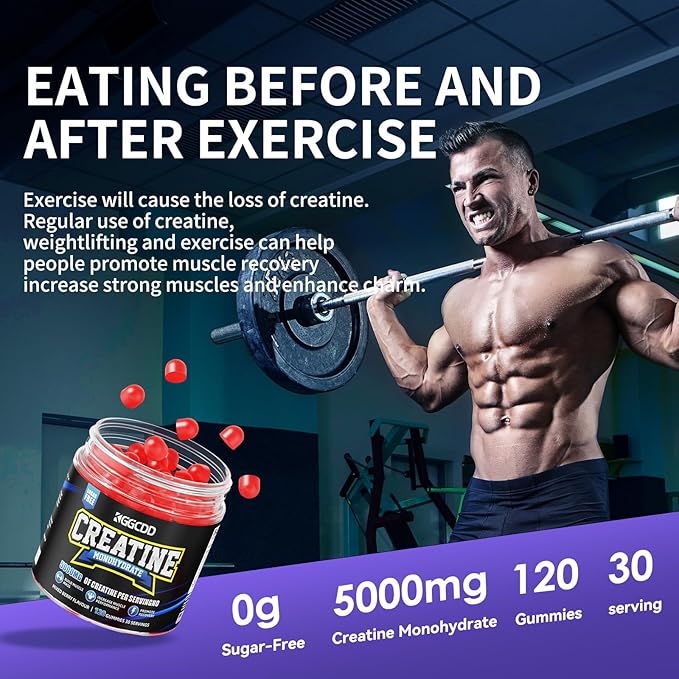 99.99% Creatine Monohydrate Gummies for Men & Women, 5,000mg Tasty Creatine Gummies for Muscle Strength, Endurance, Recovery & Sugar Free, Gluten-Free, Vegan, Non-GMO, 120 Count