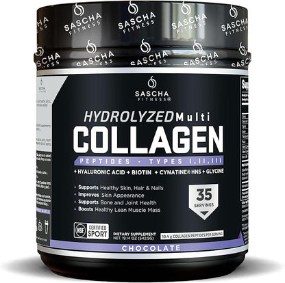 SASCHA FITNESS Hydrolyzed Multi Collagen Peptides Tipes 1,2 & 3 |Hyaluronic Acid|Biotin Cynatine HSN|Vitamin C & E |for Hairs, Skin & Bone Support|Chocolate Flavor