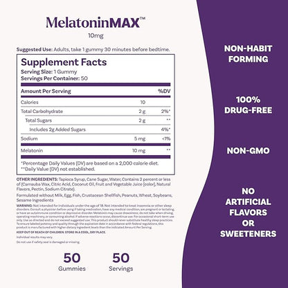 Natrol Melatonin 10mg Sleep Aid Supplement, 50 Count MelatoninMax Gummies, Blueberry Flavor, 10 mg Melatonin Gummies for Occasional Sleeplessness, 50 Day Supply
