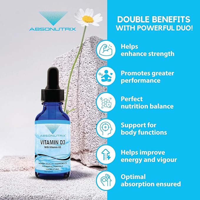 Absonutrix Vitamin D3 K2 Drops, 390mg, 4 Oz Liquid, 302 Servings, Made in USA, Quick Absorption, Quality Potent Ingredients, Non-GMO, GMP Certified, Cruelty-Free Products, Bone Strength Supplements