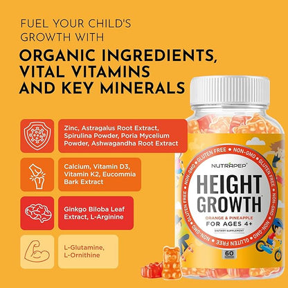 NutraPep Teens Height Growth Supplement Gummies - Kids Grow Taller Natural Height Increaser Multivitamin - with Calcium Vitamin D3 K2 Zinc L-Arginine L-Glutamine L-Ornithine for Boys Girls