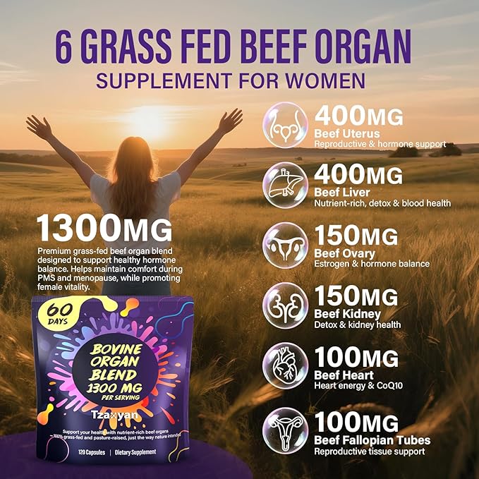 1300MG Beef Organ Supplement for Women, 100% Grass Fed Beef Liver, Uterus, Ovary & 3 More, Bovine Organ Capsules for Supports Women's Overall, Endocrine Balance, Energy, Immunity, 60 Days