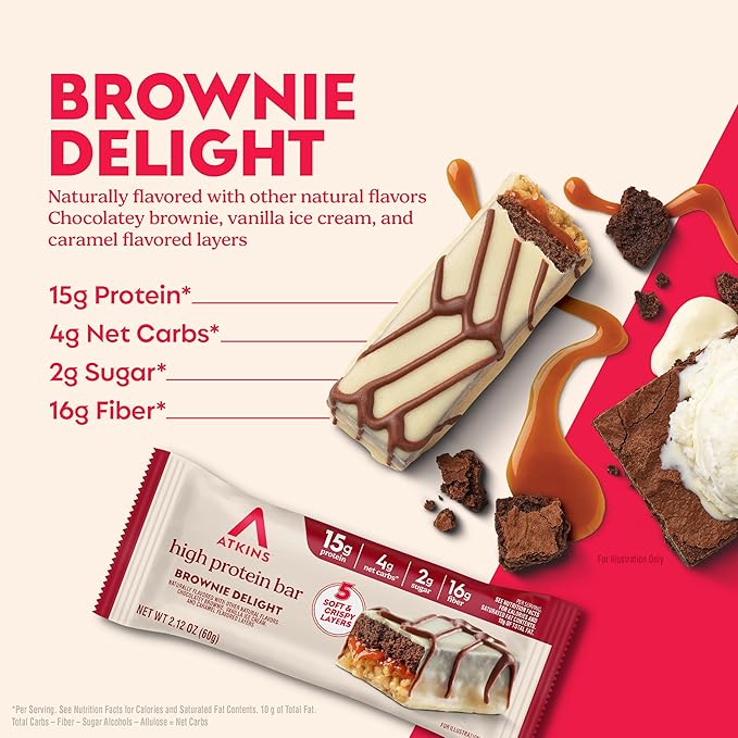 New Atkins High Protein Bars, Brownie Delight Flavor, 15g of Protein, 4g Net Carbs, 4 Count* (Pack of 3)