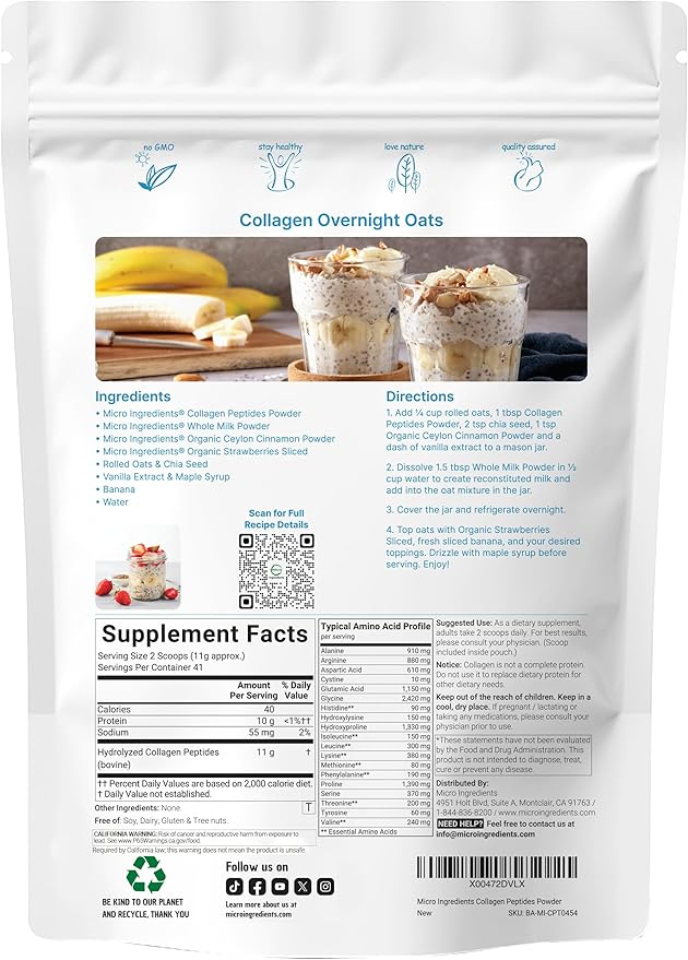 Micro Ingredients Hydrolyzed Collagen Peptides Powder, 1lb | Type I & III Grass-Fed Collagen for Women & Men | Unflavored Protein for Hair, Skin, Nails, Joints* | Easy Dissolve, Paleo, Non-GMO
