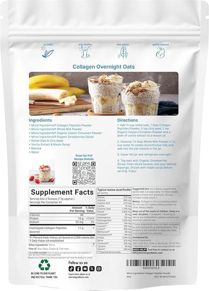Micro Ingredients Hydrolyzed Collagen Peptides Powder, 1lb | Type I & III Grass-Fed Collagen for Women & Men | Unflavored Protein for Hair, Skin, Nails, Joints* | Easy Dissolve, Paleo, Non-GMO