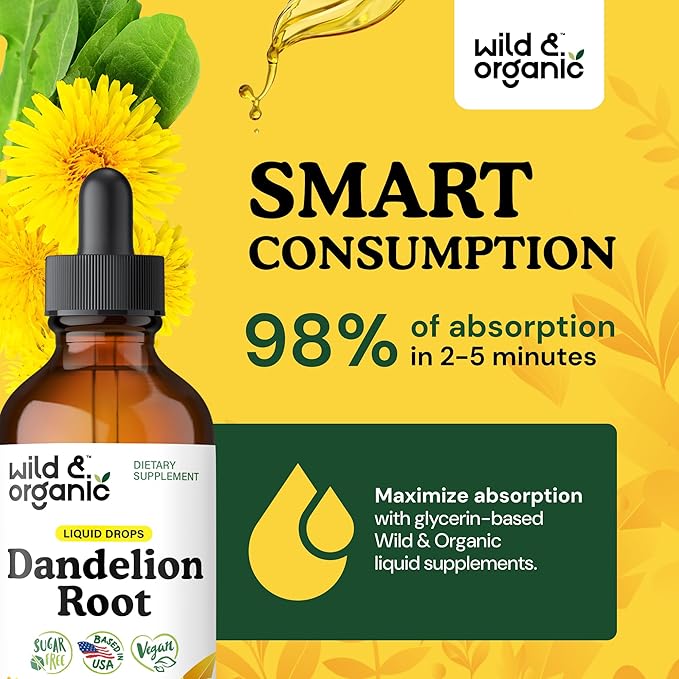 Wild & Organic Dandelion Root Extract Drops - Liver Cleanse Detox - Herbal Dandelion Tincture - Liver Support Supplement - Add to Tea - Vegan, Sugar & Alcohol-Free Liquid Drops - 4 fl oz
