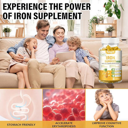 1 Pack 100MG Iron Supplements Gummies for Women & Men - Contains Vitamin C, A, B - Suitable Adults & Kids, Iron Deficiency, Immune & Energy Support, Pineapple Flavor, Non-GMO, 60 Counts