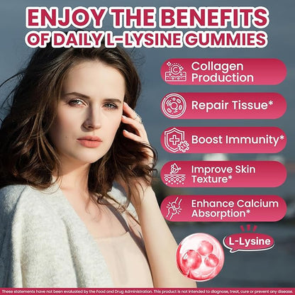 Liposomal L-Lysine Gummies 1200mg | High Absorption Immune & Skin Support | Vegan Amino Acid Supplement for Adults & Kids | Lips & Oral, Bone & Collagen Health | Non-GMO, Sugar-Free, 60 Gummies