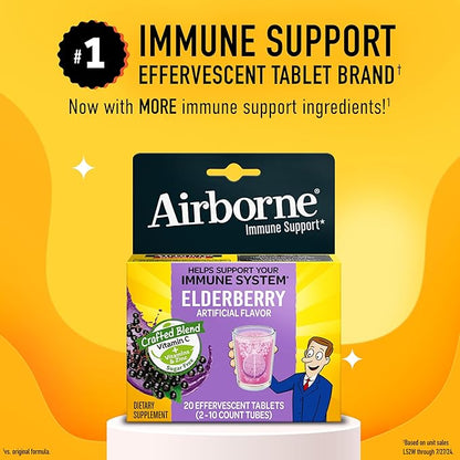 Airborne Elderberry Extract + Vitamin C 1000mg (per Serving) - Effervescent Tablets (20 Count in a Box), Gluten-Free Immune Support Supplement, with Vitamins A C E, Zinc, Selenium, Sugar Free
