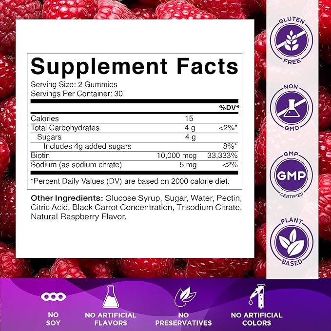 Vitamatic Biotin Gummies 10,000 mcg for Stronger Hair, Skin & Nails - 60 Vegan Gummies - Also Called Vitamin B7 (2 Bottles)