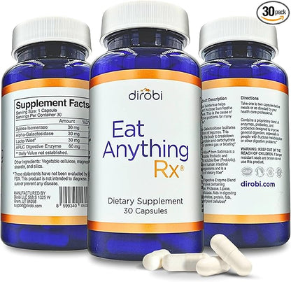 Dirobi Eat Anything Xylose Isomerase Fructose Malabsorption Enzymes, FODMAP Supplement, Digestive Enzymes for Better Lactose, Fat, Protein & Carbohydrate Digestion Gas & Bloating Relief 30 Capsules