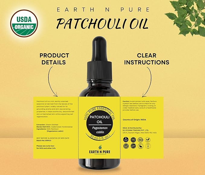Earth N Pure Patchouli Essential Oil Natural & Therapeutic Grade for Aromatherapy, Skin & Hair Care with Glass Dropper 15 ml