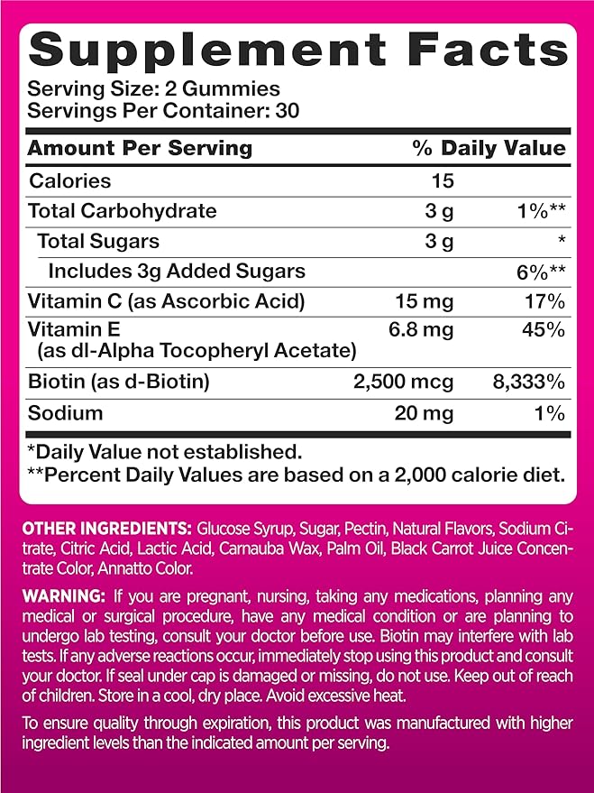PINK Hair Skin Nails Gummies | Plus 2,500 mcg of Biotin | 60 Count | Non-GMO & Gluten Free Vitamins for Women | Strawberry Flavor