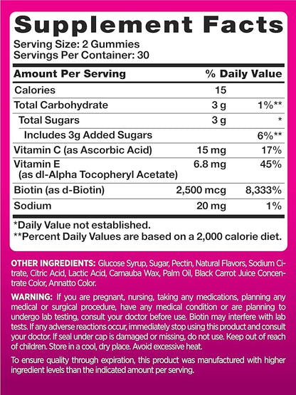 PINK Hair Skin Nails Gummies | Plus 2,500 mcg of Biotin | 60 Count | Non-GMO & Gluten Free Vitamins for Women | Strawberry Flavor