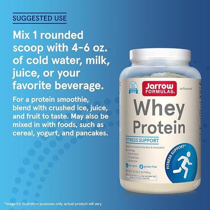 Jarrow Formulas Whey Protein with 18 g of Protein, 3.8 g of BCAAs, and Glutamine, Dietary Supplement for Muscle Function and Recovery Support, 32 oz Unflavored Powder, Approximately 38 Day Supply