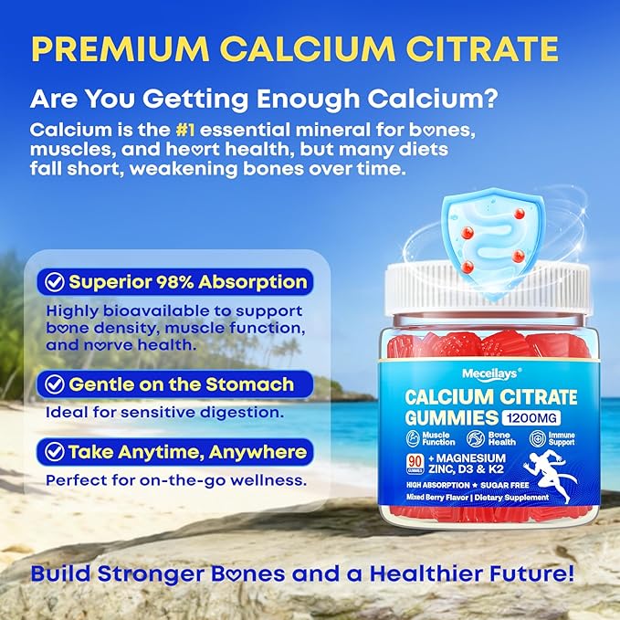90 Count Calcium Citrate Gummies 1200 mg with Vitamin D3, K2, Magnesium & Zinc, High Absorption Calcium Supplements for Women & Men for B0ne, Muscle & Immune Support, Sugar Free, Mixed Berry Flavor