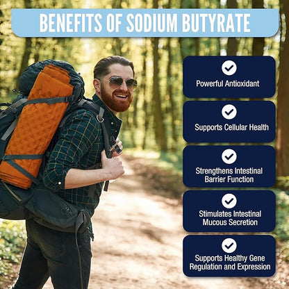 LongJuvity Sodium Butyrate Supplement (300mg) - Optimal Gut Health for Men & Women - Digestion Support & Leaky Gut Repair - Postbiotic Short Chain Fatty Acid, Lab Tested (120 Extended Release Caps)