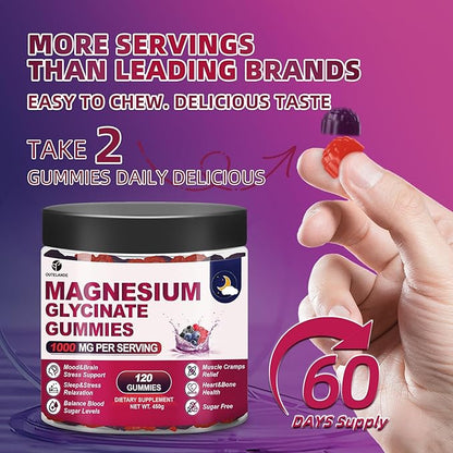 120 CT Magnesium Glycinate Gummies 1000 mg for Women and Men, Magnesium Malate & Taurate Supplements for Sleep, Body Support and Relaxation, Sugar Free, Vegan, Raspberry BlackBerry Blueberry Flavor