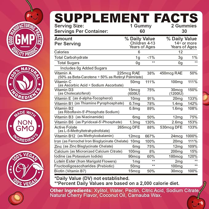 Iron Gummies for Kids & Teens, Kids Multivitamin with Iron Supplement, Calcium, Folate, Zinc, Prebiotic - for Blood Builder & Energy Support, Iron Deficiency - Vegan & Non-GMO - 60 Count Cherry
