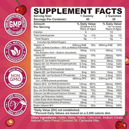 Iron Gummies for Kids & Teens, Kids Multivitamin with Iron Supplement, Calcium, Folate, Zinc, Prebiotic - for Blood Builder & Energy Support, Iron Deficiency - Vegan & Non-GMO - 60 Count Cherry