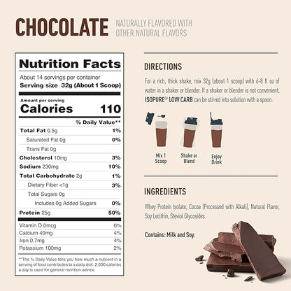 Isopure Low Carb 100% Pure Whey Isolate Protein Powder, Lactose Free, Gluten Free, With Vitamins, Dark Chocolate, 25g Protein Per Serving, 1 Lb, 14 Servings (Packaging May Vary)