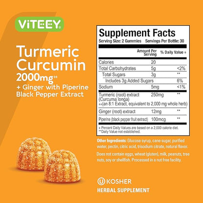 Viteey Turmeric Gummies with Turmeric Curcumin, Ginger & Black Pepper Extract - Immune Support, Healthy Skin, and Joint Health - Vegan, Gelatin Free, GMO Free - Tasty Chewable Peach Flavored-60 Count
