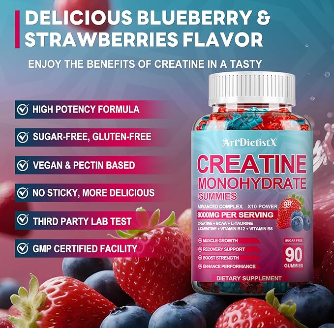 Creatine Monohydrate 8000mg Gummies with BCAA, L-Carnitine, Taurine & Vitamin B12 - Pre Workout Supplement for Muscle Growth, Strength & Energy, Multi-Flavor Chewable Gummies, 180 Count for Men Women