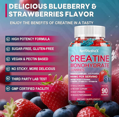 Creatine Monohydrate 8000mg Gummies with BCAA, L-Carnitine, Taurine & Vitamin B12 - Pre Workout Supplement for Muscle Growth, Strength & Energy, Multi-Flavor Chewable Gummies, 180 Count for Men Women