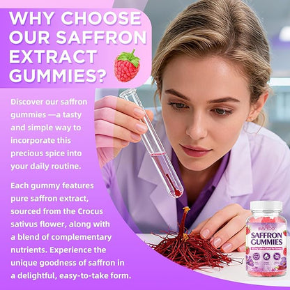 Saffron Gummies for Adult Kids, 10-IN-1 Formula with Saffron 88.5mg, Vitamins D3 & B6, Magnesium, Zinc, Ashwagandha, L-Theanine, St. John's Wort - Supports Mood & Focus, Raspberry Flavor, 120 Count