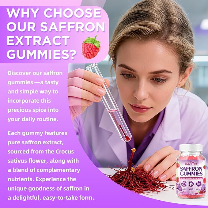 Saffron Gummies for Adult Kids, 10-IN-1 Formula with Saffron 88.5mg, Vitamins D3 & B6, Magnesium, Zinc, Ashwagandha, L-Theanine, St. John's Wort - Supports Mood & Focus, Raspberry Flavor, 60 Count