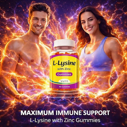 VAITE L Lysine Gummies 1000mg with Zinc - Supports Skin, Lip, Vegan, Gluten Free, 60 Chewable L-Lysine for Adults, Vitamins Tissue Health & Immune System, Amino Acid & Complex Supplements, Non-GMO
