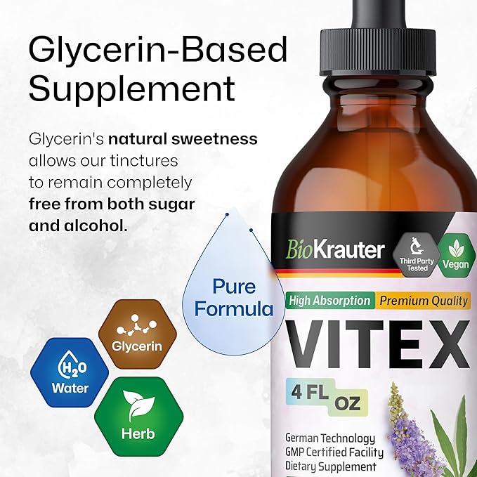 BIO KRAUTER® Vitex Chasteberry Supplement for Women & Menopause Support* - 4 Fl.Oz 56 Days of Supply - Pure Vegan Vitex Berry Tincture - Alcohol & Sugar Free, Non-GMO - Relaxation & Women's Wellness*