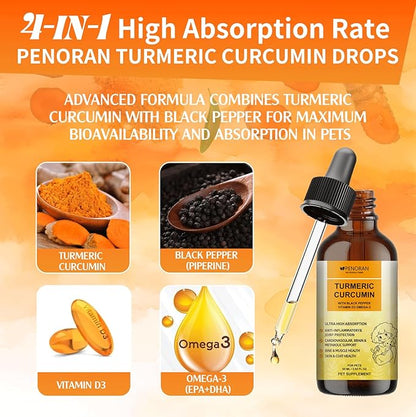Turmeric Curcumin Drops for Dog & Senior Dogs: Anti-inflammatory Pain Relief, Eliminates Joint Pain, Improve Joint Mobility,Brain, Liver, Bone, Muscle, Skin&Coat - Liquid Absorb Better